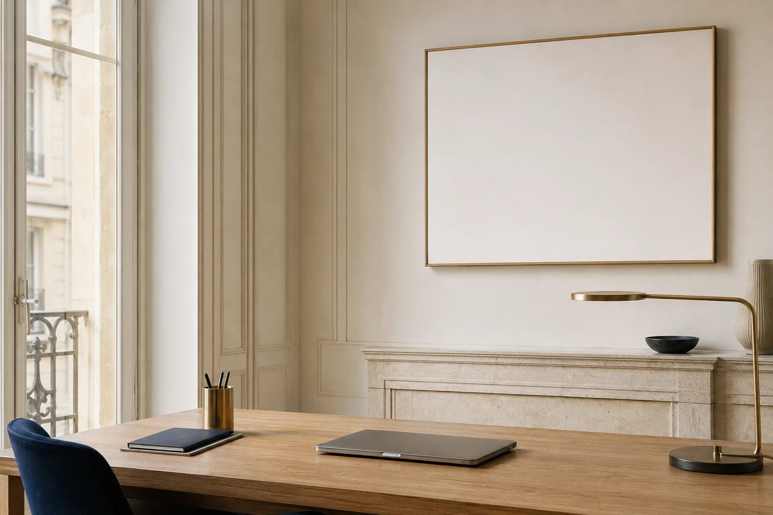 Bureau en chêne dans un espace lumineux, avec un ordinateur portable fermé, une lampe en laiton et un grand cadre discret accroché au mur.